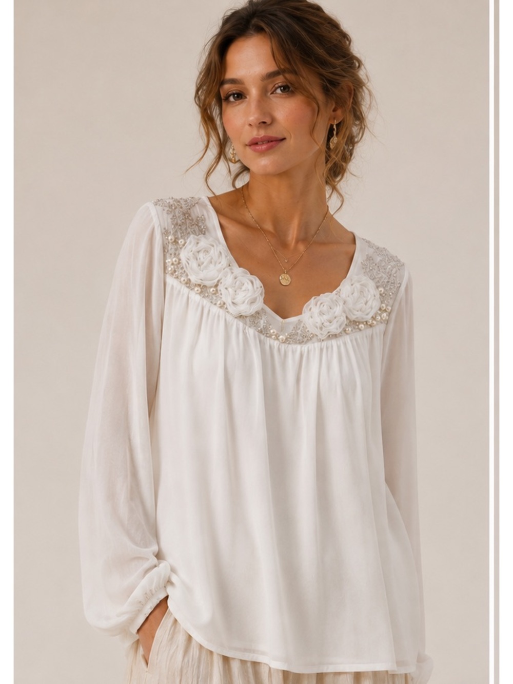 BKE Ivory White Embellished Floral Yoke Chiffon Romantic Fairycore Blouse Medium